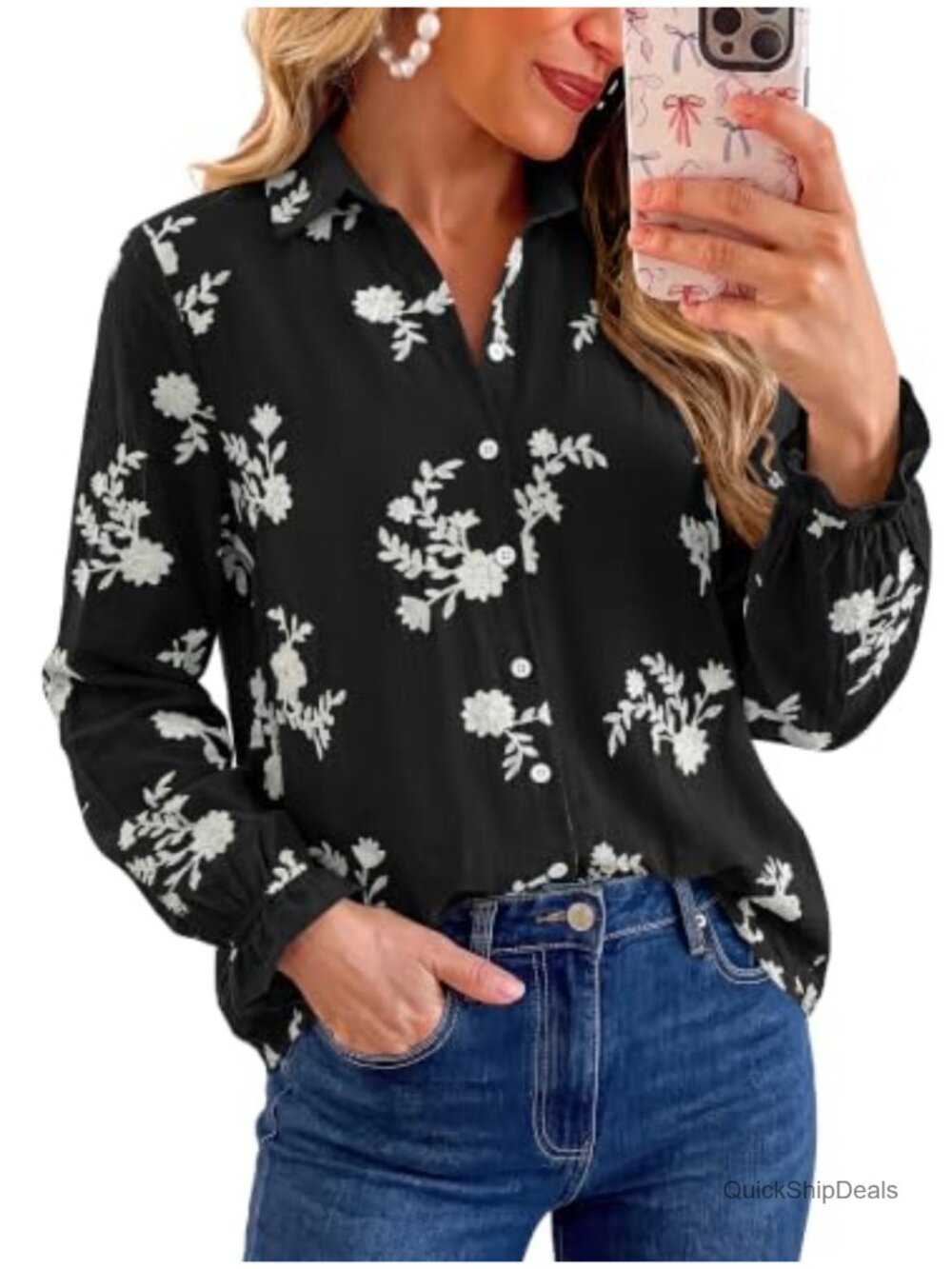 Boho Floral Embroidered Long Sleeve Blouse Button Down Dressy Casual